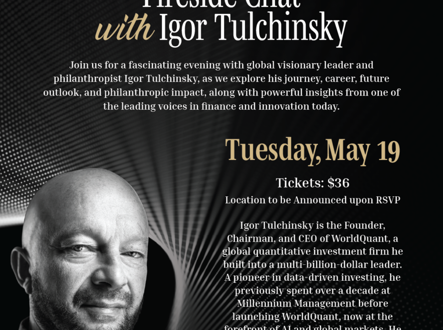 Event poster advertising a Fireside Chat with Igor Tulchinsky hosted by OLAMI Mentorship and Yorkville Jewish Centre.