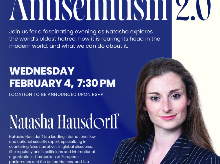 Poster for 'Antisemitism 2.0' featuring Natasha Hausdorff; blue panel design with white text and RSVP link at yicevents.com/antisemitism2.0